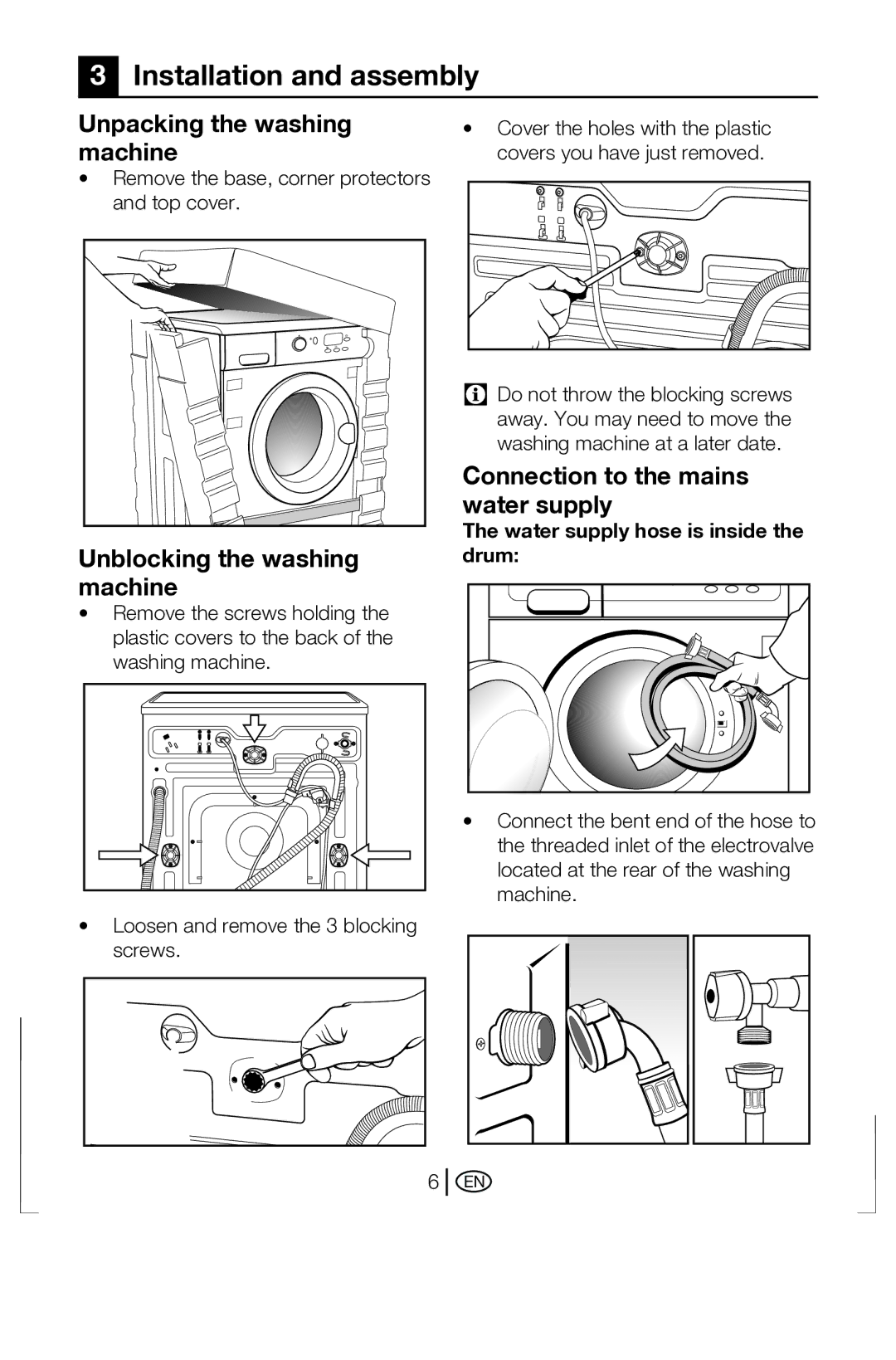 Beko BWD 6421 Installation and assembly, Unpacking the washing machine, Machine, Connection to the mains water supply 