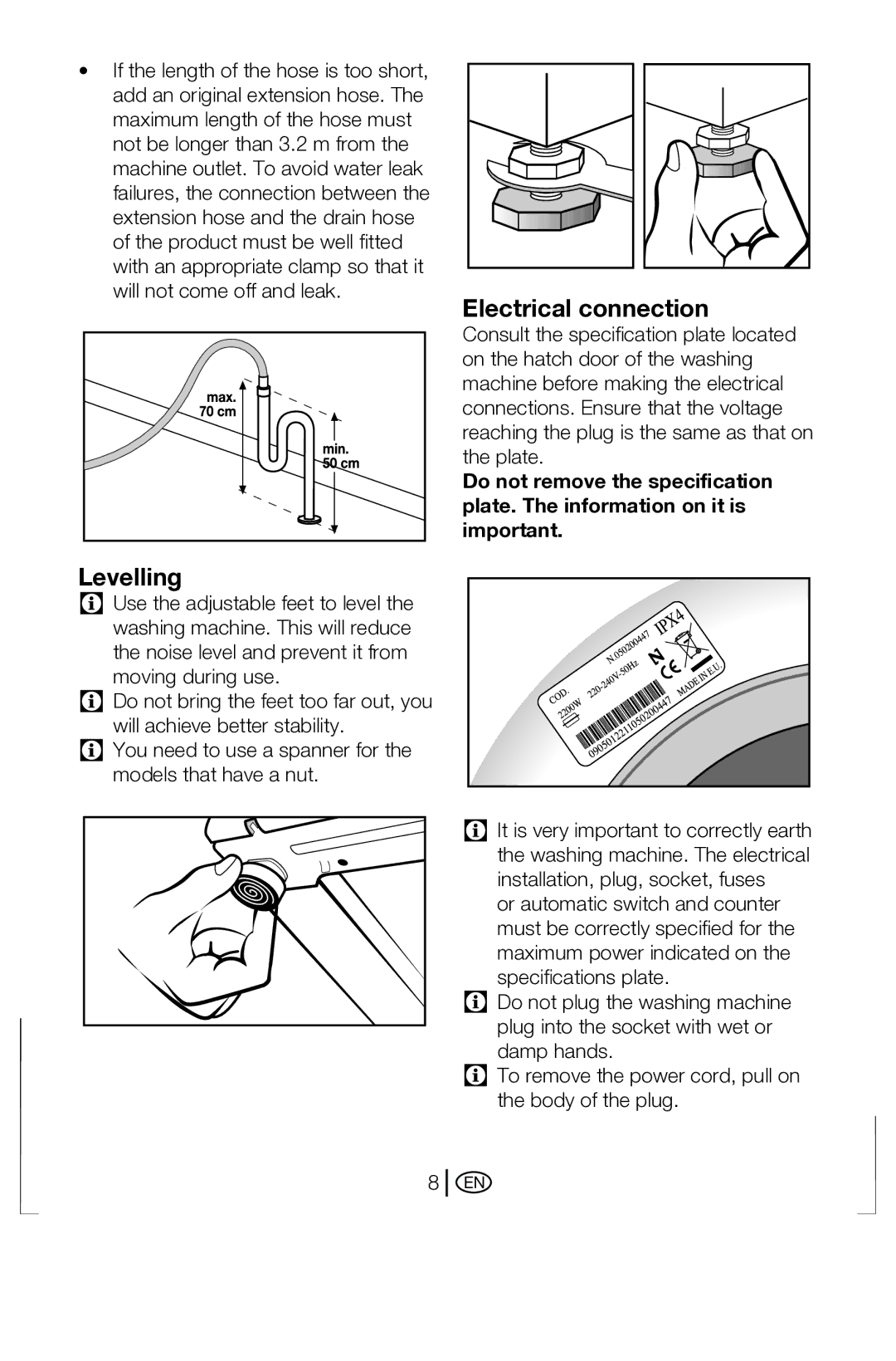 Beko BWD 6421 manual Levelling, Electrical connection 