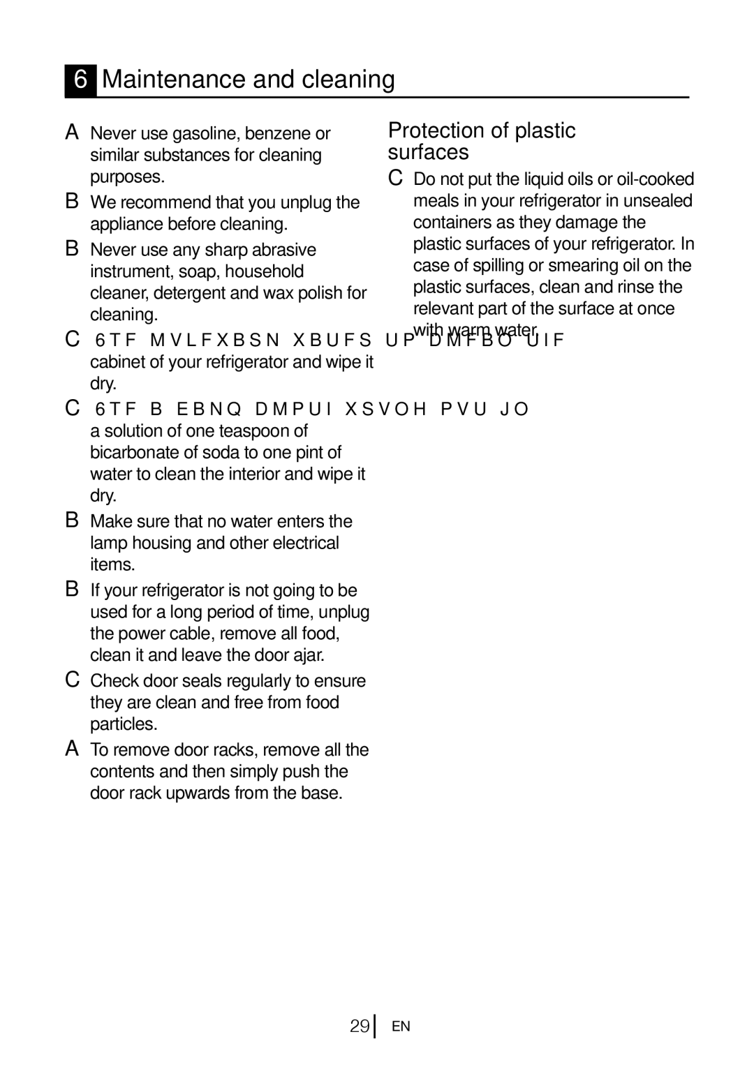 Beko BZ 77F manual Maintenance and cleaning, Protection of plastic surfaces 