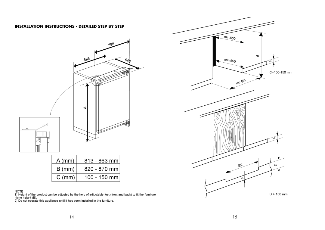 Beko BZ30 Installation Instructions - Detailed Step By Step, A mm, 813 - 863 mm, B mm, 820 - 870 mm, C mm, 100 - 150 mm 