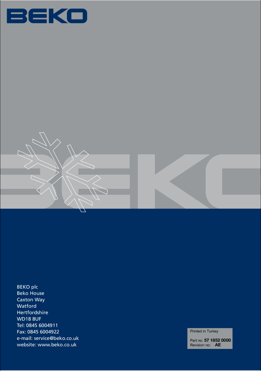 Beko BZ31 manual Part no 57 1852 