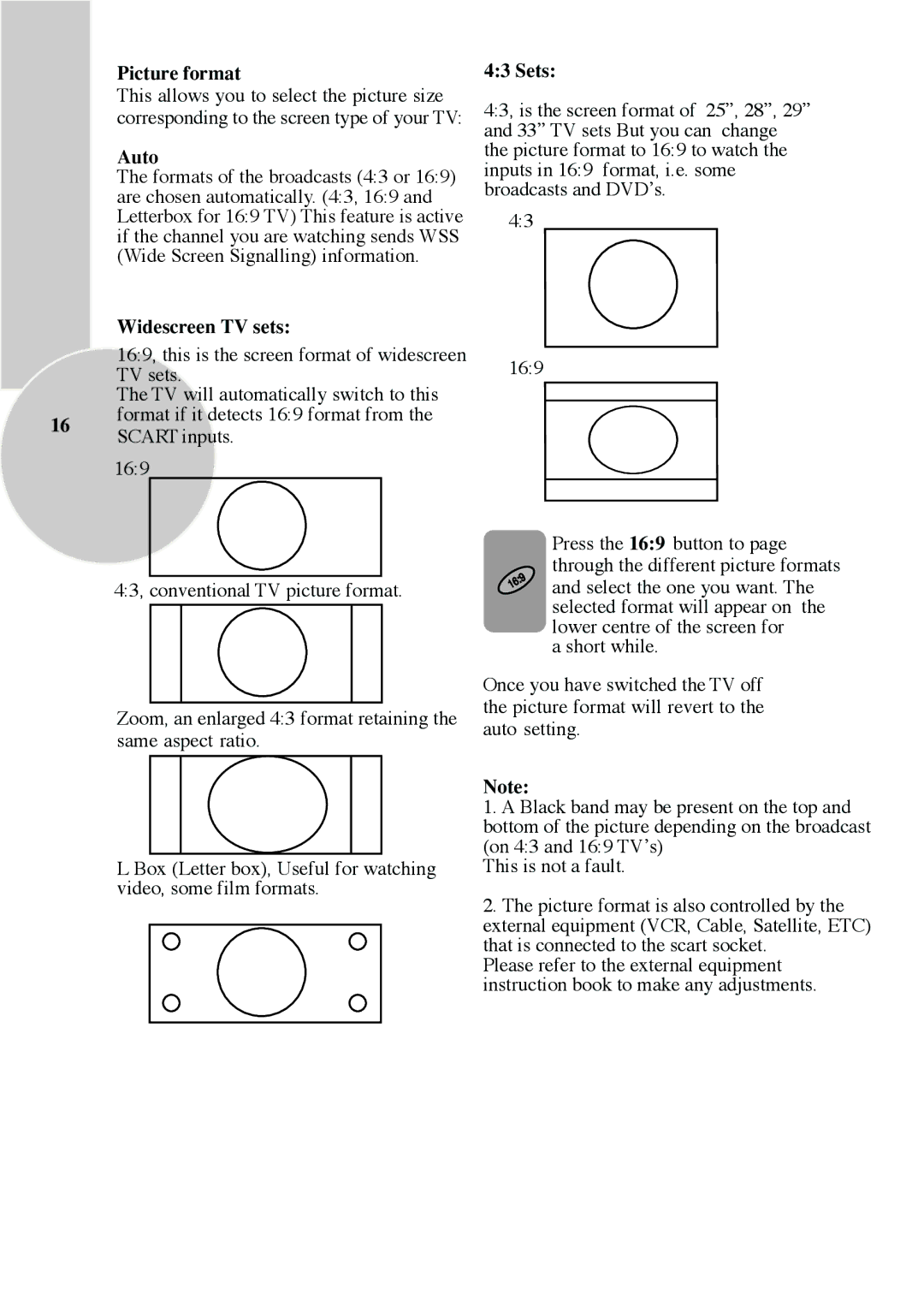 Beko C7 manual Picture format, Auto, Widescreen TV sets, Sets 