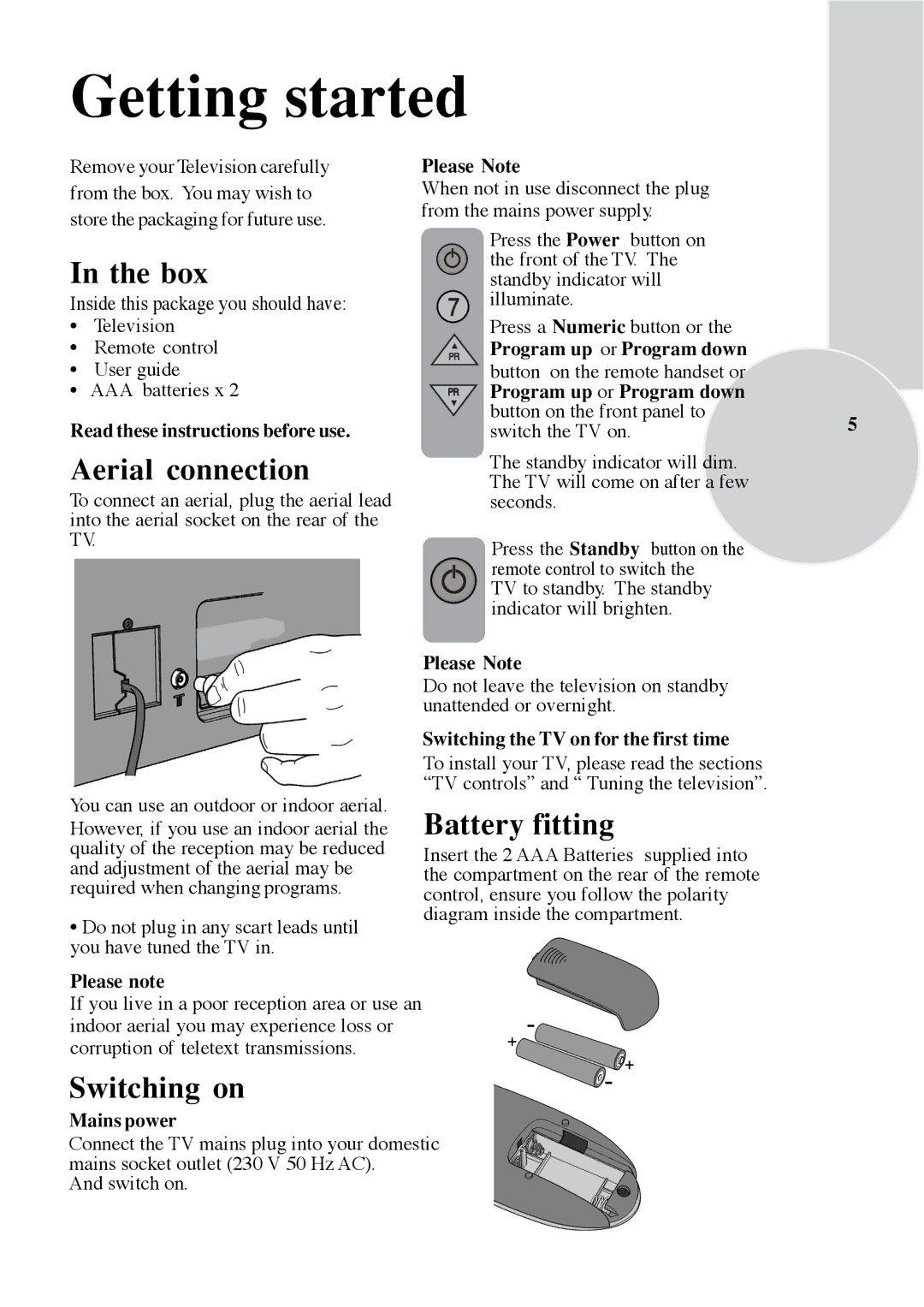 Beko C7 manual Getting started, Box, Aerial connection, Battery fitting, Switching on 