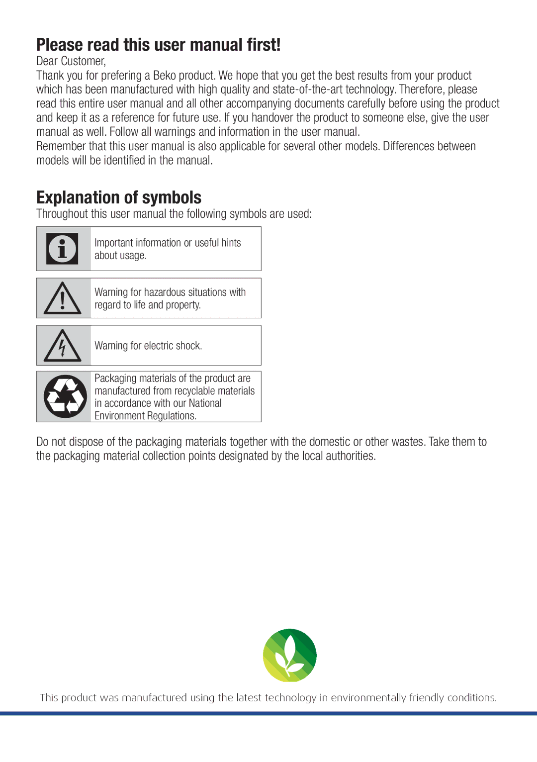 Beko CCB 5140 XA user manual Explanation of symbols, Dear Customer 