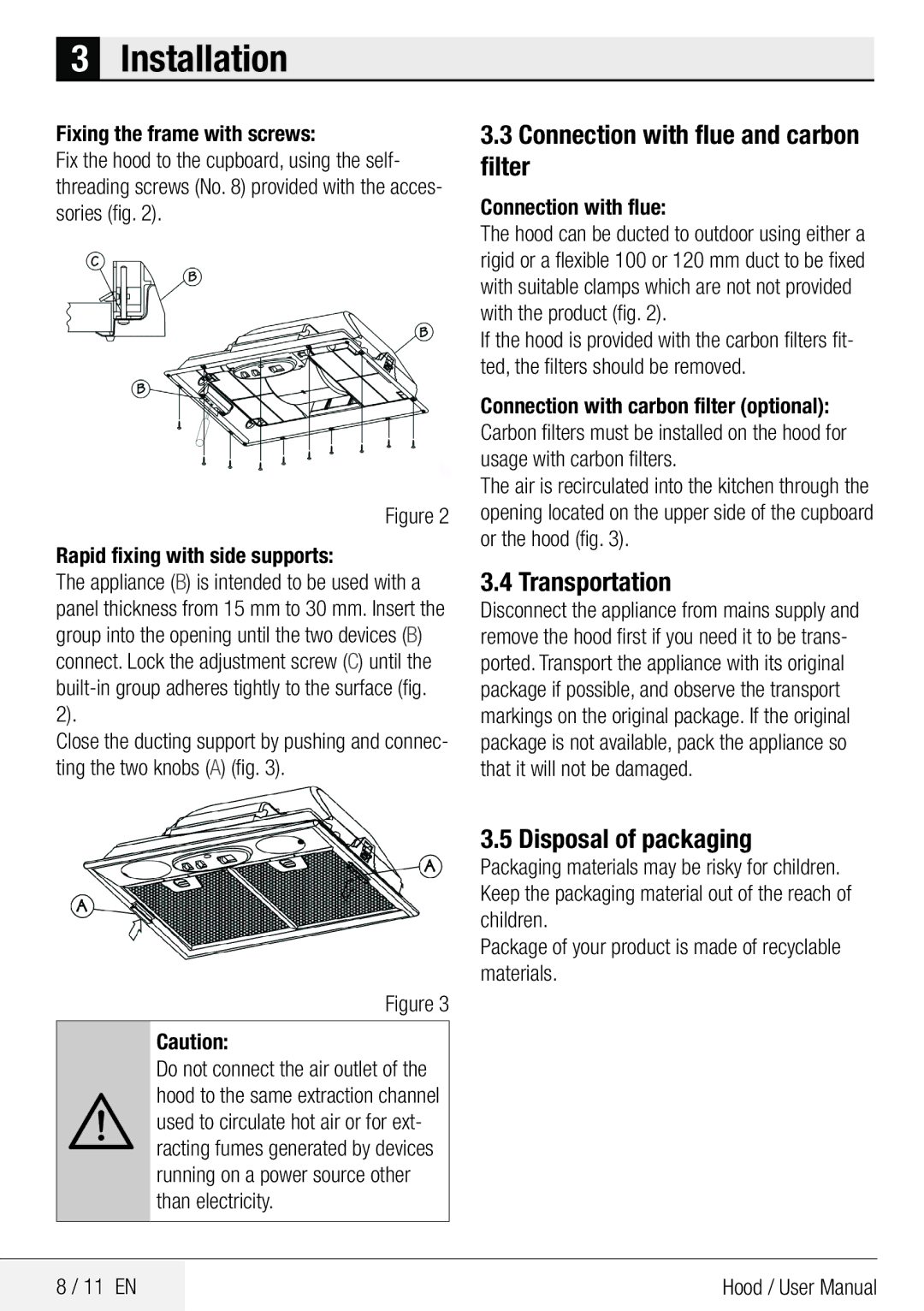 Beko CCB 5140 XA user manual Connection with flue and carbon filter, Transportation, Disposal of packaging 