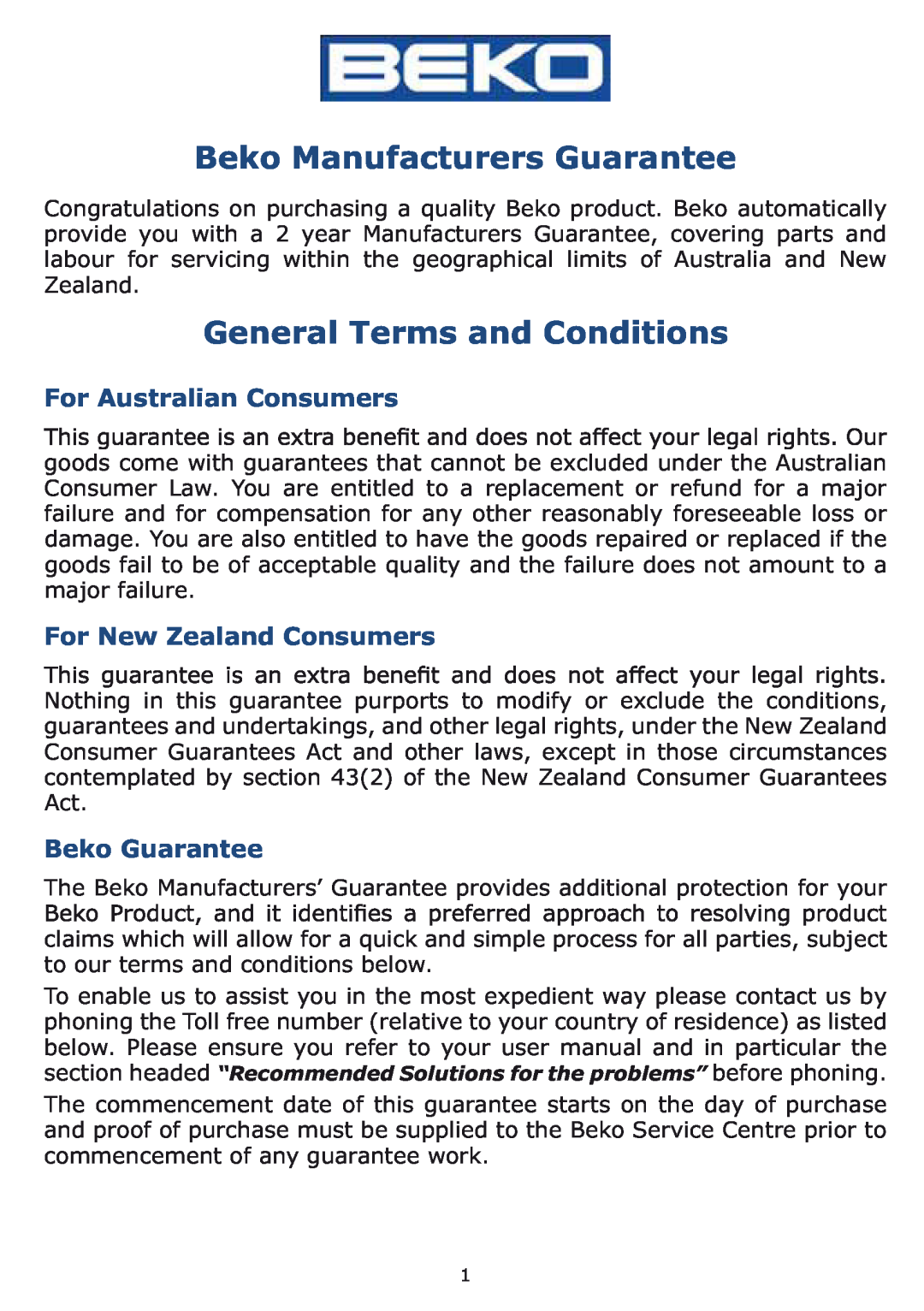 Beko CCB 5140 XA Beko Manufacturers Guarantee, General Terms and Conditions, For Australian Consumers, Beko Guarantee 