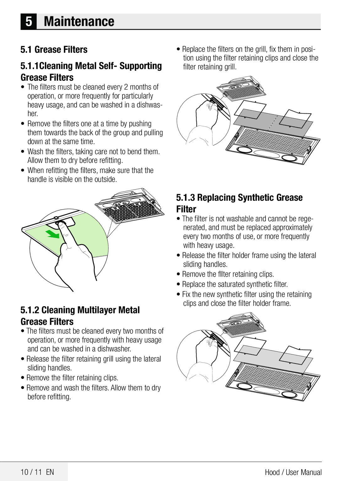 Beko CCB 7140 XA Maintenance, Cleaning Multilayer Metal Grease Filters, Replacing Synthetic Grease Filter, 10 / 11 EN 