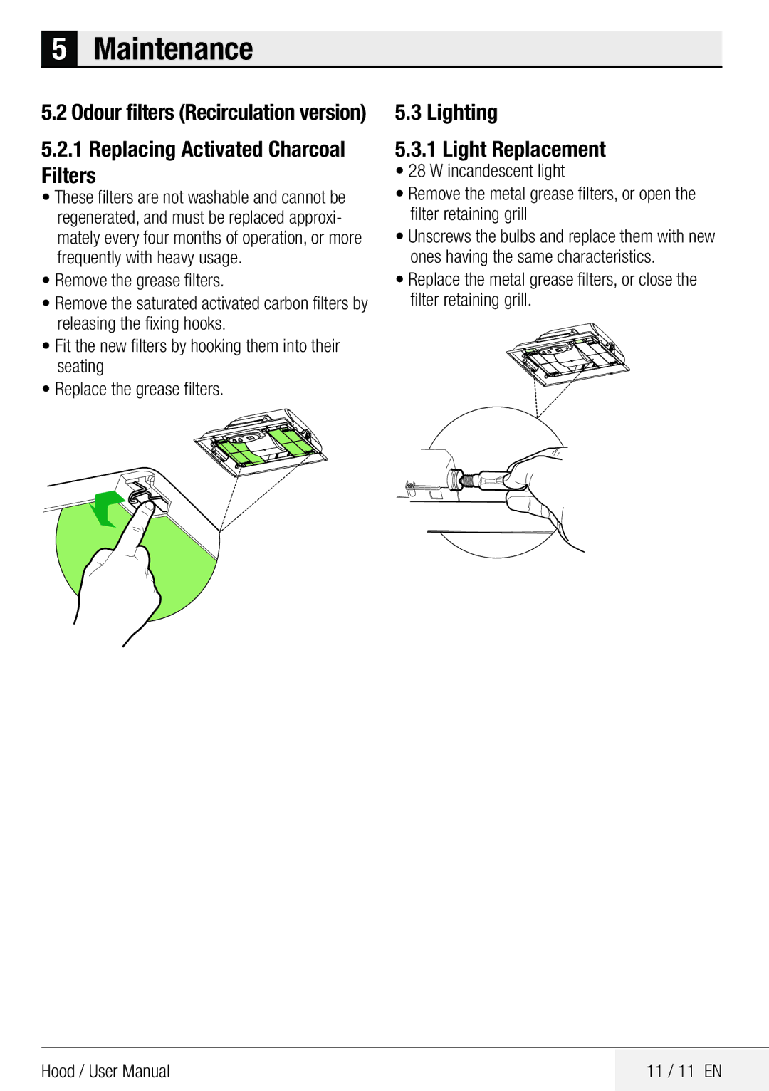 Beko CCB 7140 XA user manual Replacing Activated Charcoal Filters, Lighting Light Replacement 