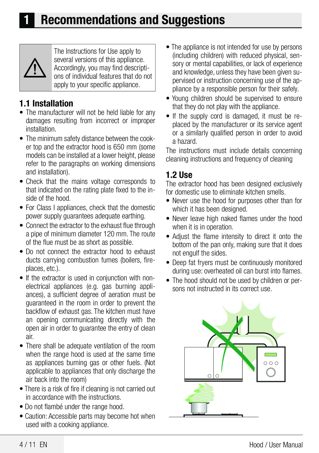 Beko CCB 7140 XA user manual Recommendations and Suggestions, Installation, Use, Do not flambé under the range hood 