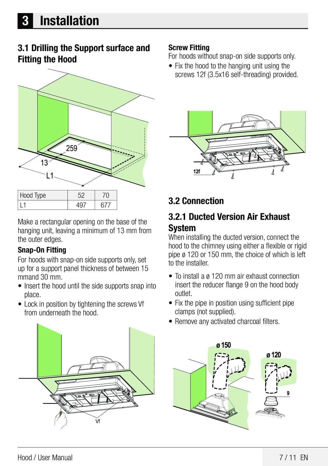 Beko CCB 7140 XA user manual Installation, Drilling the Support surface and Fitting the Hood 