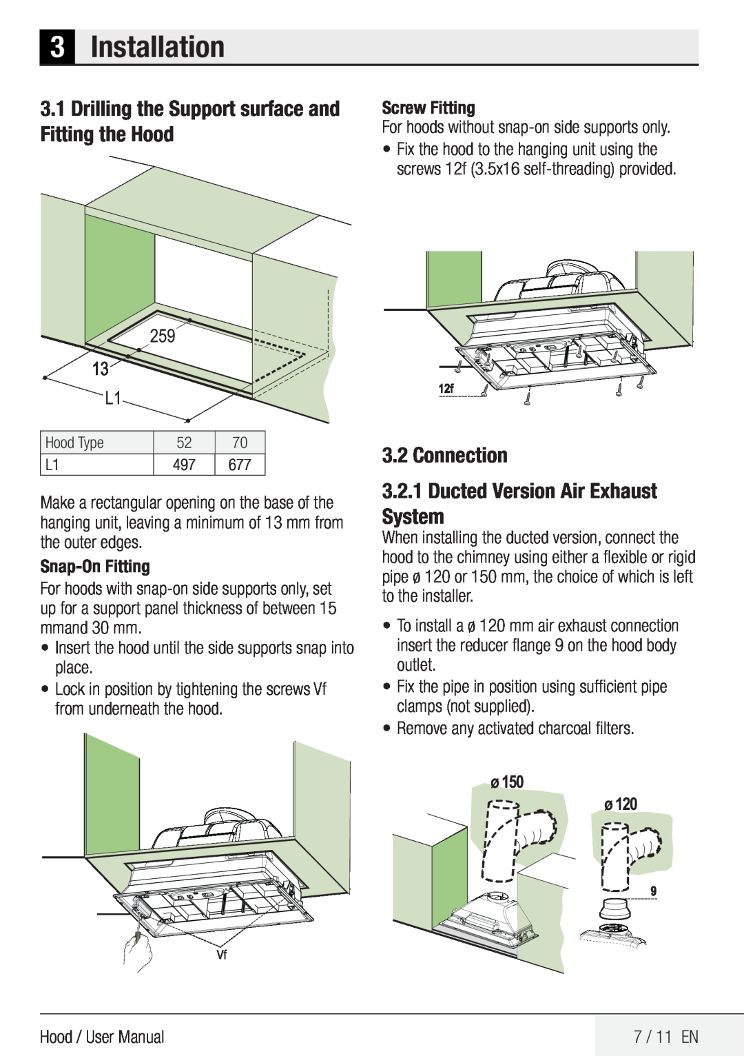 Beko CCB 7140 XA user manual 3Installation, Connection, 3.2.1Ducted Version Air Exhaust System 