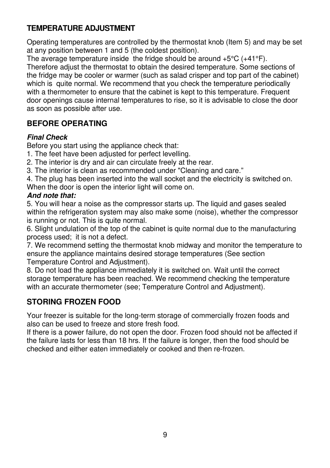 Beko CDA 540 manual Temperature Adjustment, Before Operating, Storing Frozen Food 