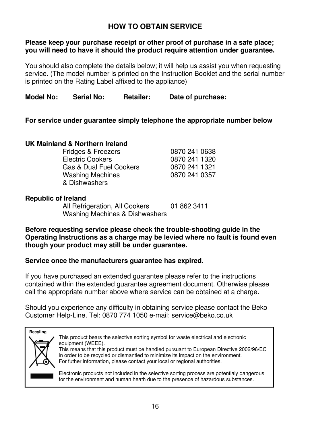 Beko CDA 540 manual HOW to Obtain Service 