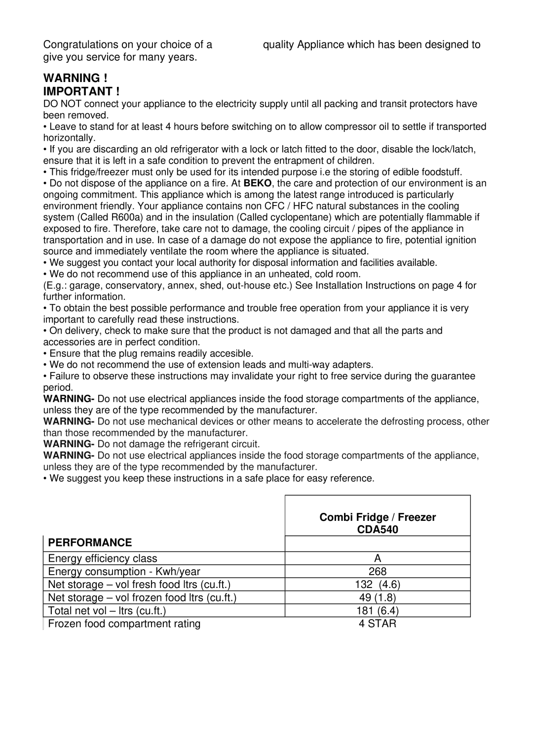 Beko CDA 540 manual Performance 