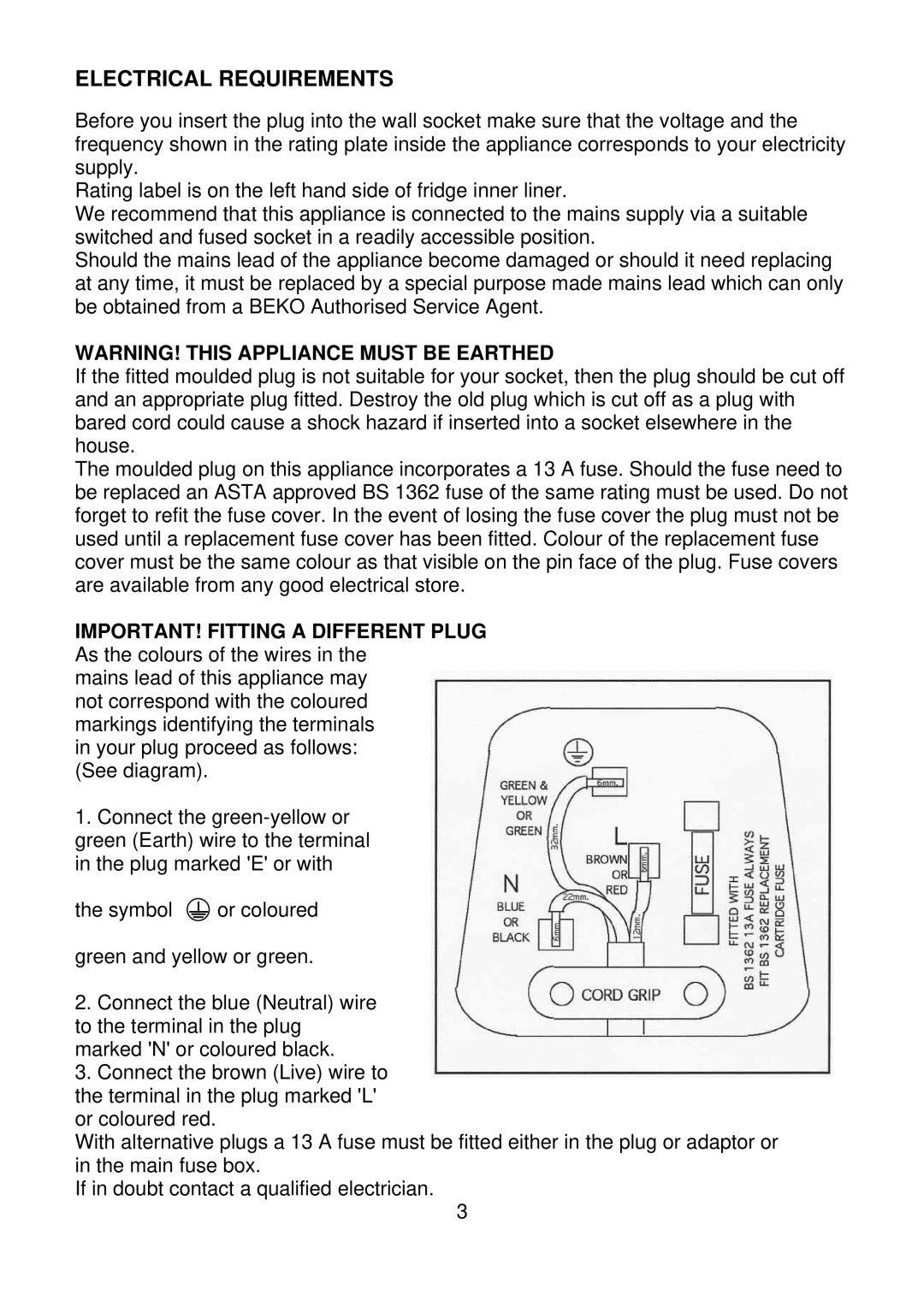 Beko CDA 540 manual Electrical Requirements, IMPORTANT! Fitting a Different Plug 