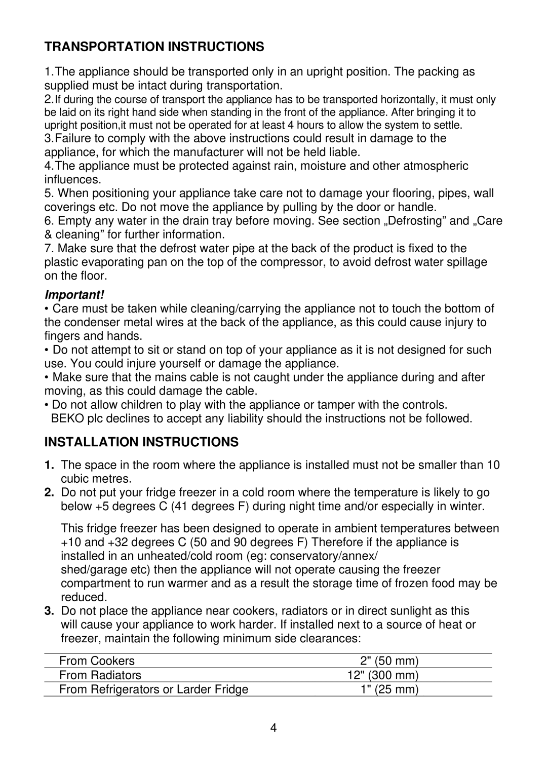 Beko CDA 540 manual Transportation Instructions, Installation Instructions 