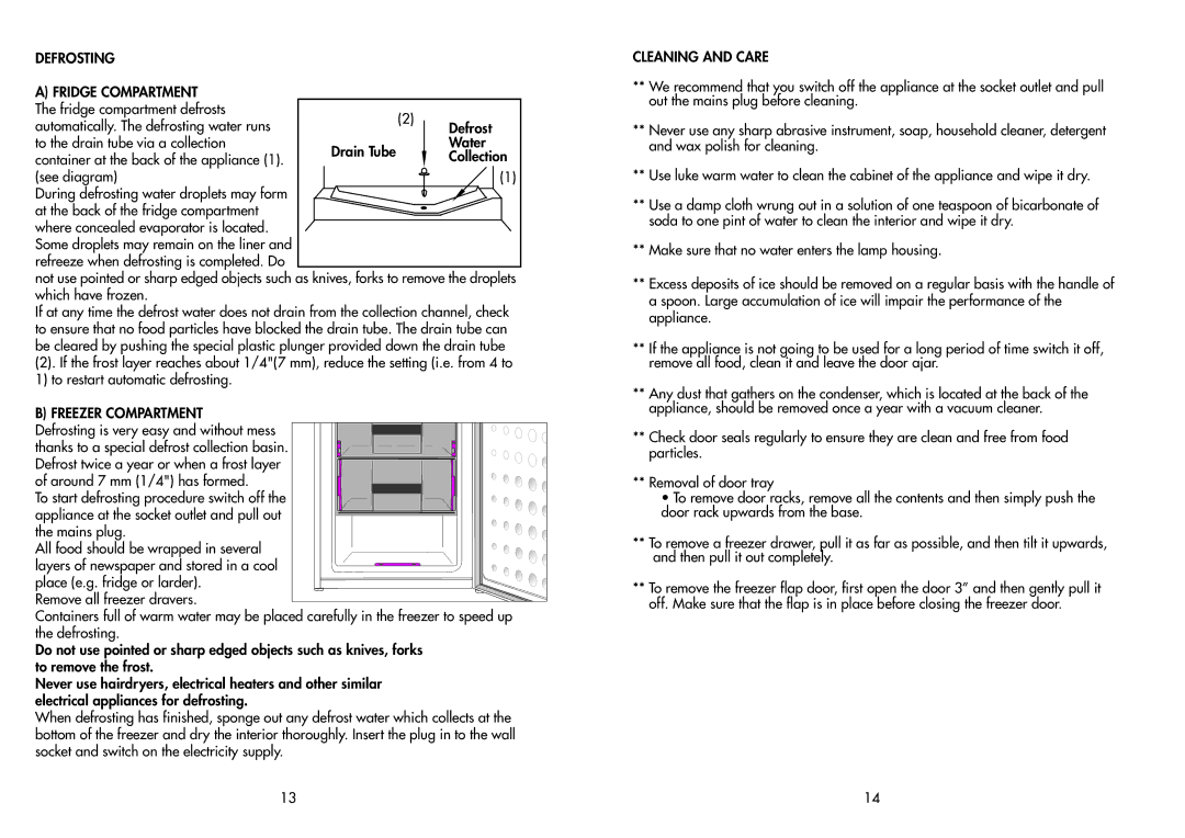 Beko CDA 554 manual Defrosting Fridge Compartment, Freezer Compartment 