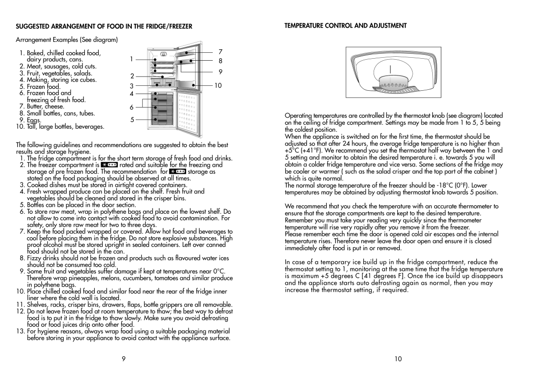 Beko CDA 554 manual Suggested Arrangement Of Food In The Fridge/Freezer, Arrangement Examples See diagram 