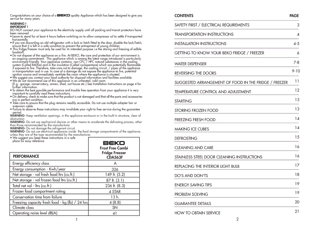 Beko CDA 563 F manual Performance, CDA563F 