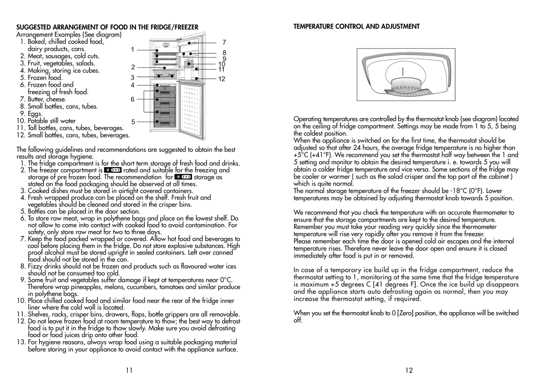 Beko CDA 563 F manual Suggested Arrangement of Food in the FRIDGE/FREEZER, Temperature Control and Adjustment 