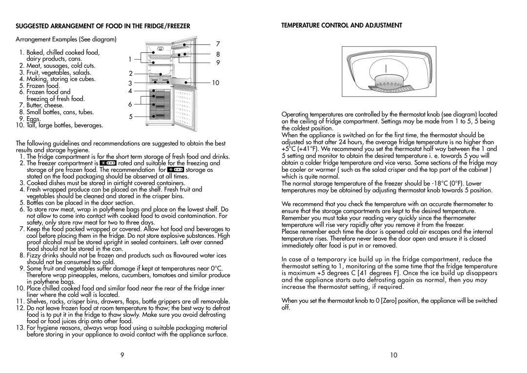 Beko CDA 645 F manual Temperature Control And Adjustment, Arrangement Examples See diagram, Meat, sausages, cold cuts 