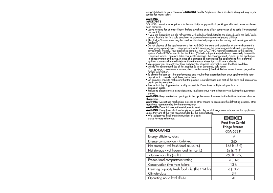 Beko CDA 653 F manual Performance 