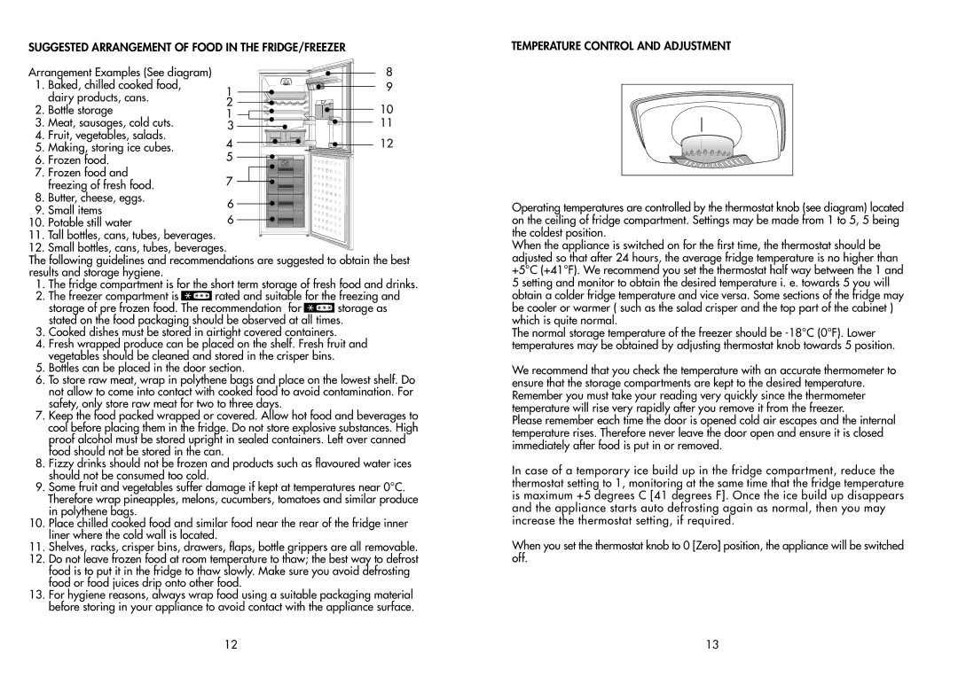 Beko CDA 653 F manual Suggested Arrangement of Food in the FRIDGE/FREEZER, Temperature Control and Adjustment 