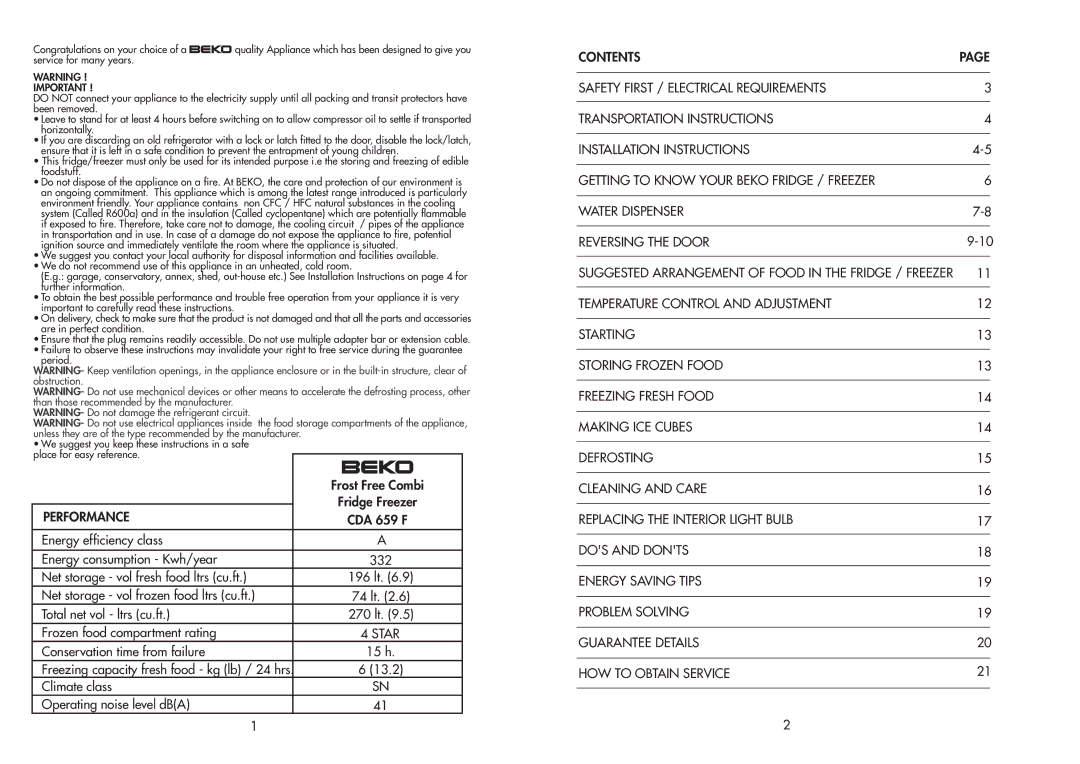 Beko CDA 659 F manual Performance 