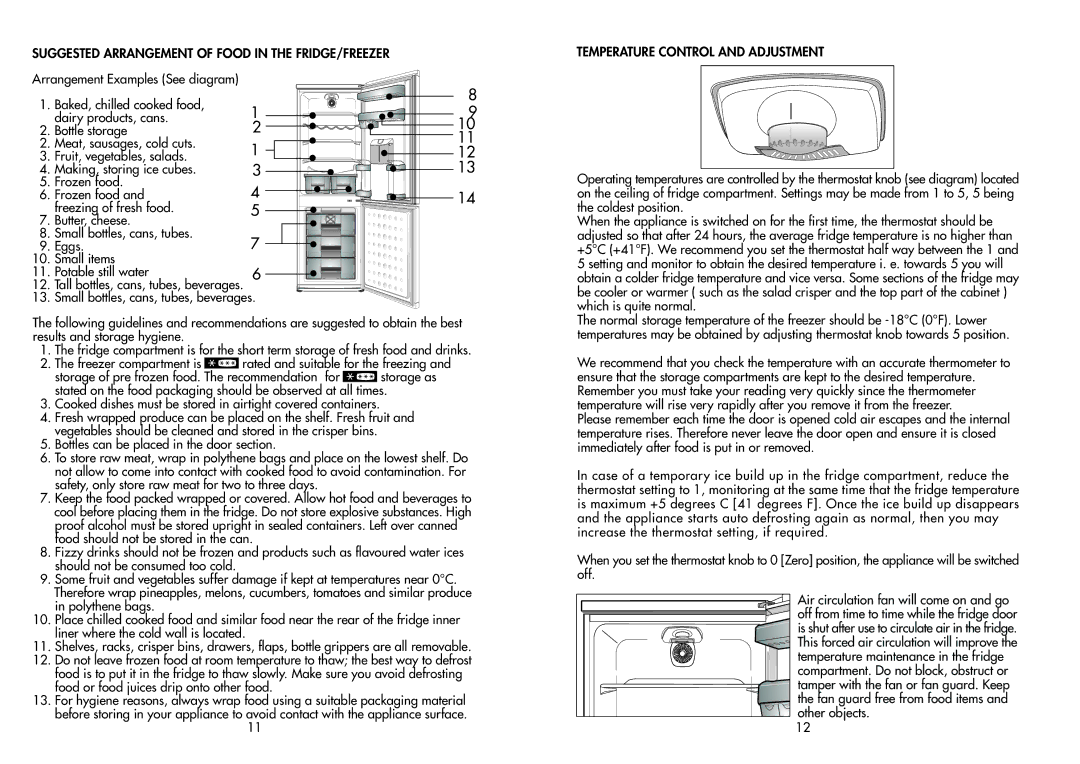 Beko CDA 659 F manual Suggested Arrangement of Food in the FRIDGE/FREEZER, Temperature Control and Adjustment 