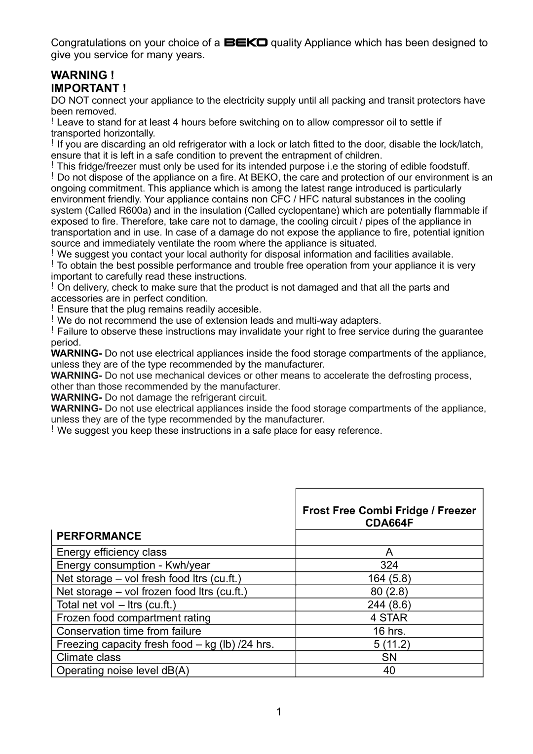 Beko CDA 664 F manual Netstorage volfrozenfoodltrscu.ft, Totalnetvol ltrscu.ft, Frozenfoodcompartmentrating, 511.2 