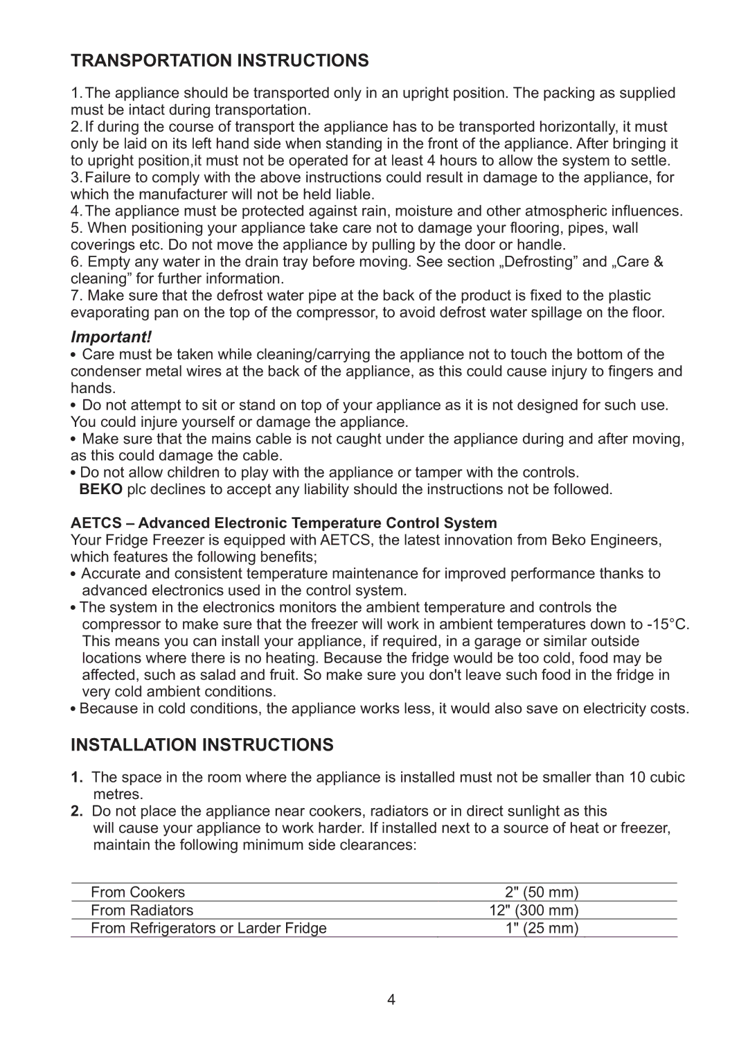 Beko CDA 664 F manual Transportationinstructions, Installationinstructions 