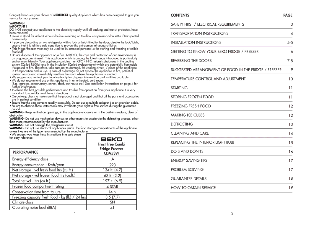 Beko manual Performance CDA539F 