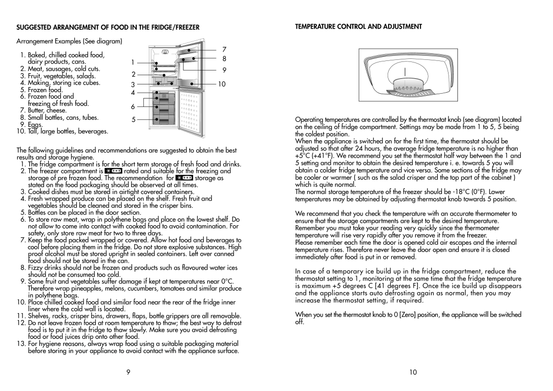 Beko CDA539F manual Suggested Arrangement Of Food In The Fridge/Freezer, Temperature Control And Adjustment 