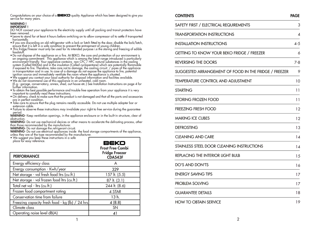 Beko CDA543F manual Performance 