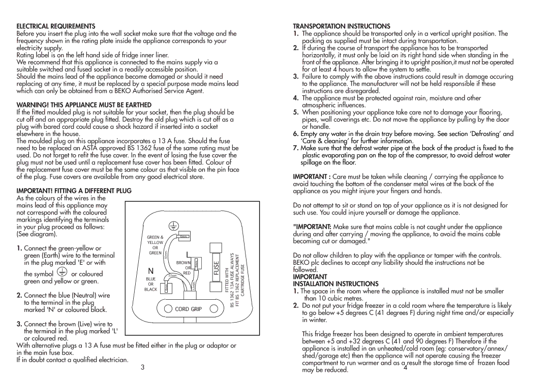 Beko CDA543F manual Electrical Requirements, Transportation Instructions, Installation Instructions 