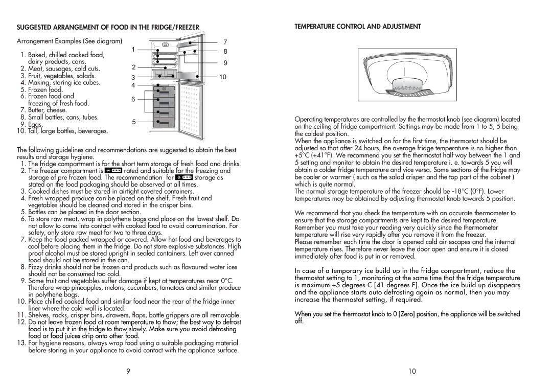 Beko CDA543F manual Suggested Arrangement of Food in the FRIDGE/FREEZER, Temperature Control and Adjustment 