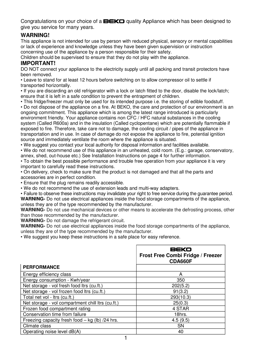 Beko CDA660F installation instructions Frost Free Combi Fridge / Freezer 