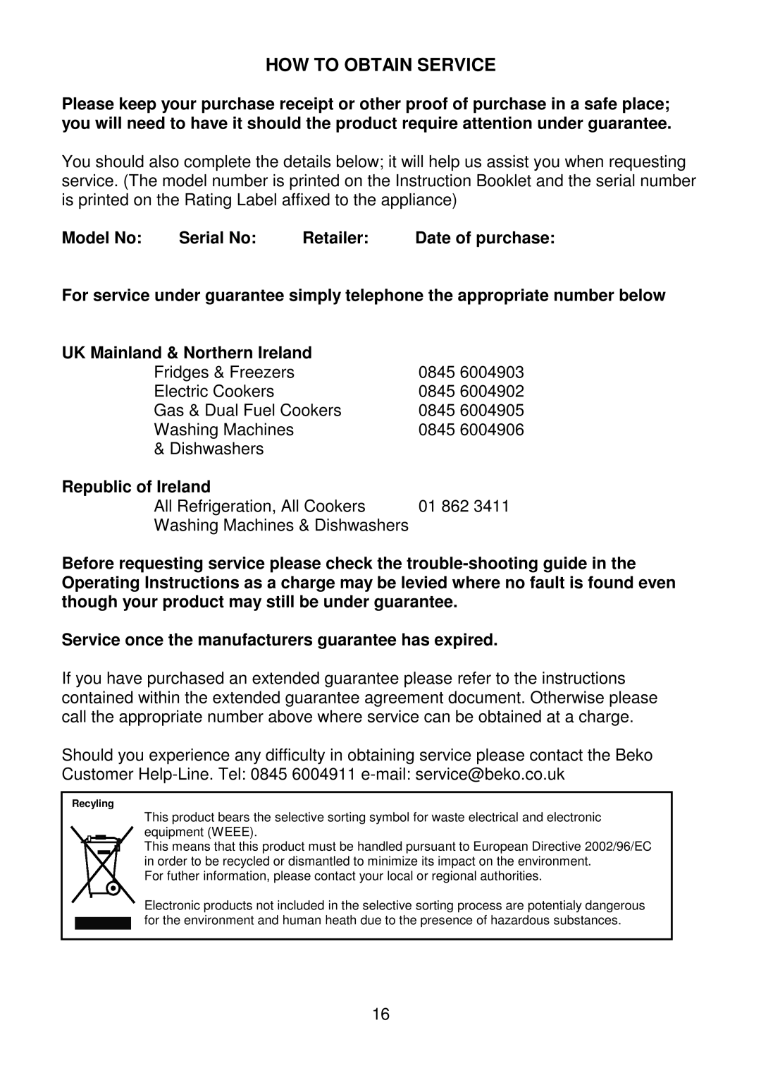 Beko CDA660F installation instructions HOW to Obtain Service 