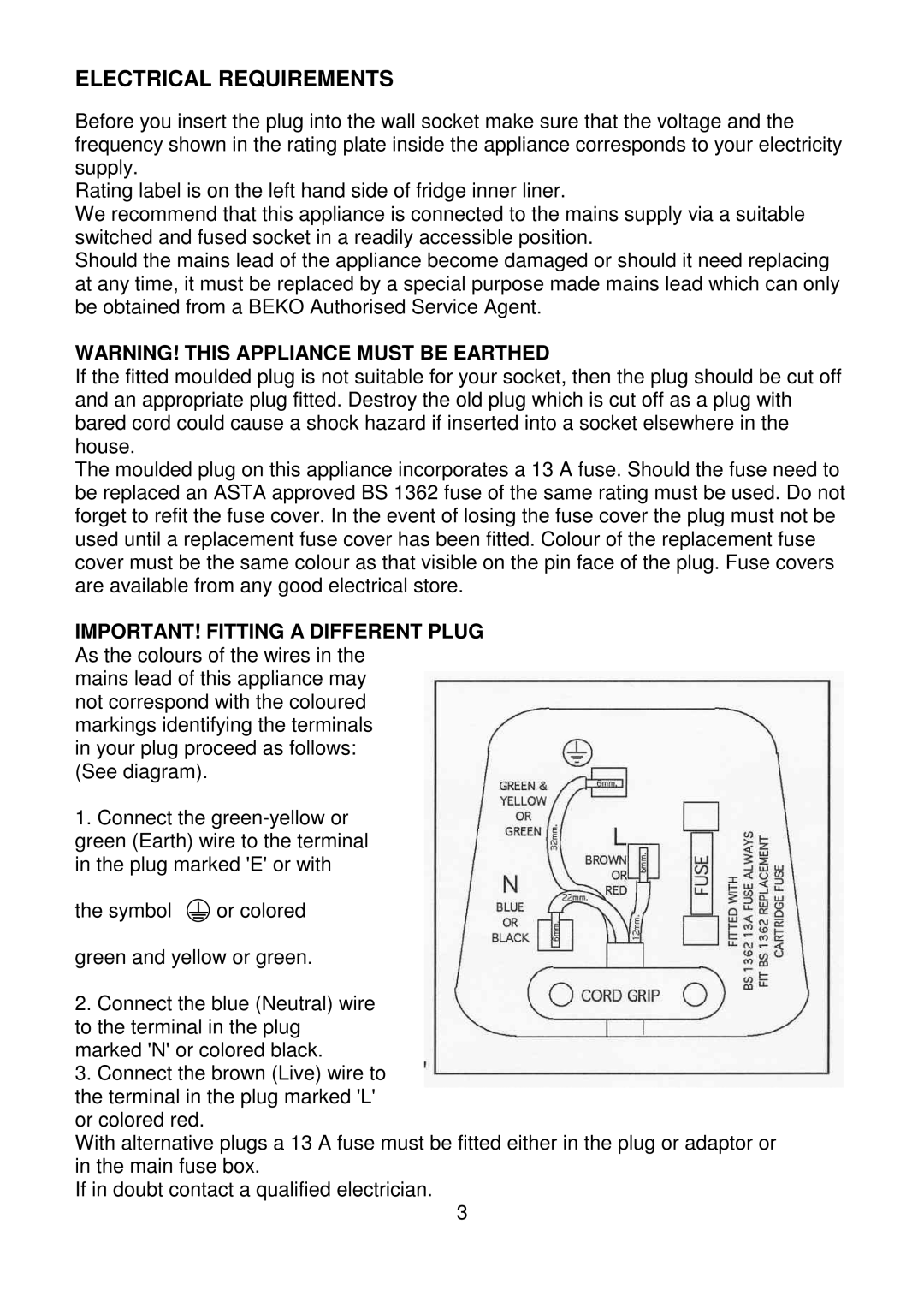 Beko CDA660F installation instructions Electrical Requirements, IMPORTANT! Fitting a Different Plug 