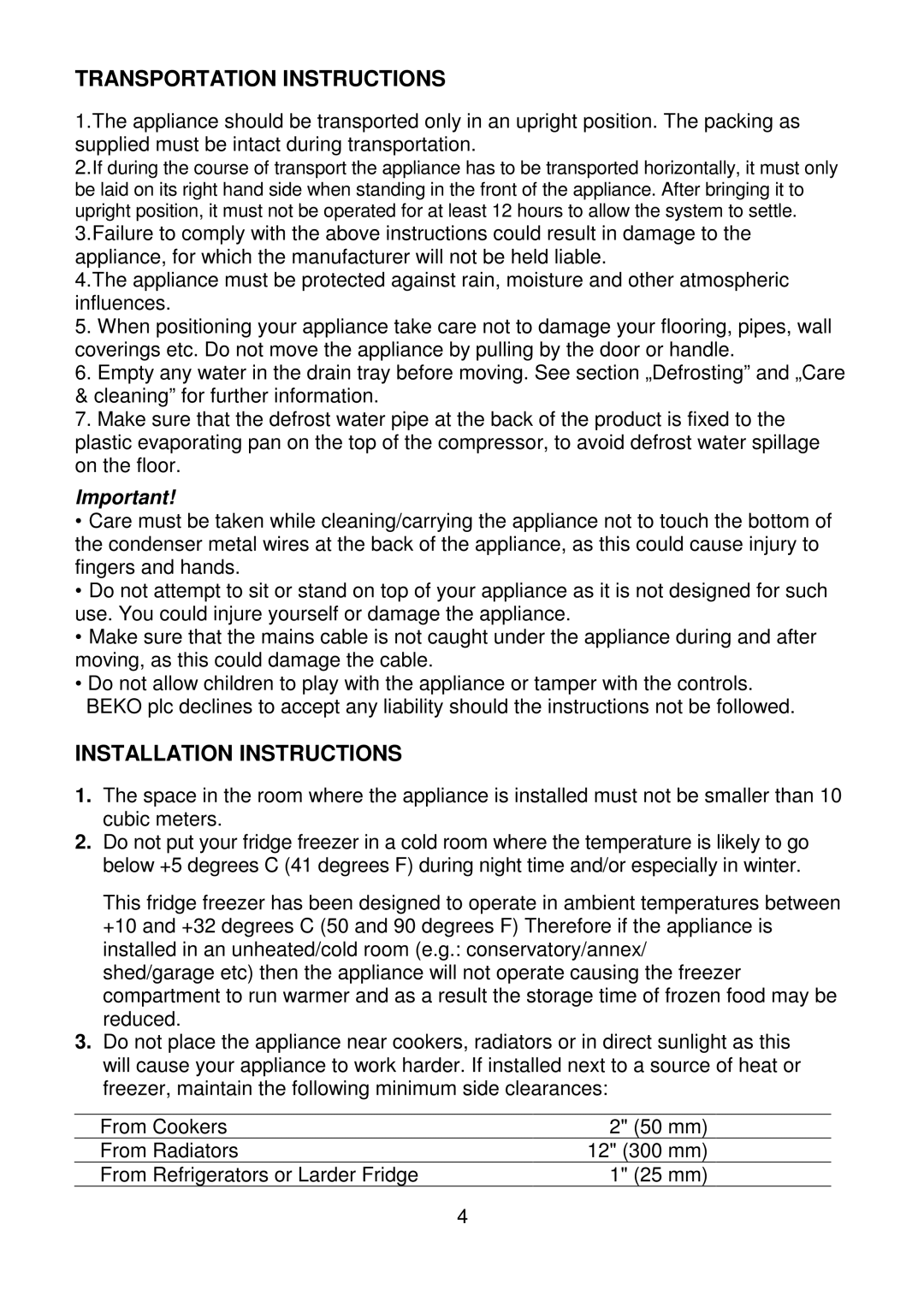 Beko CDA660F installation instructions Transportation Instructions, Installation Instructions 