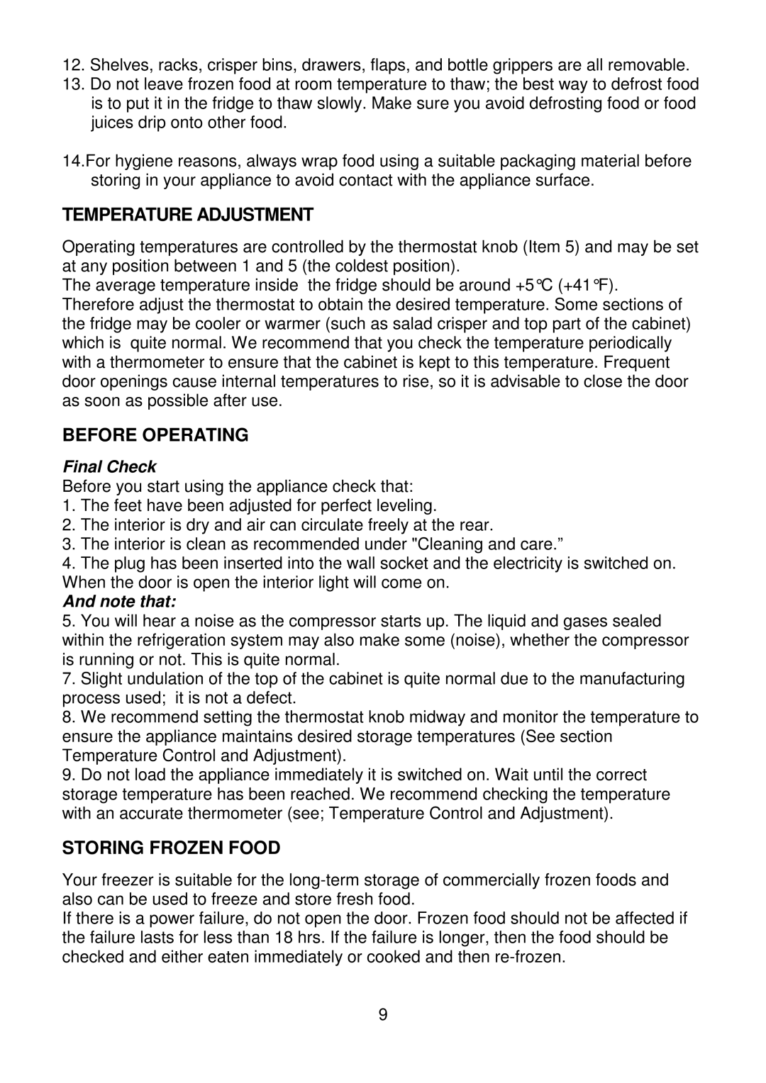 Beko CDA660F installation instructions Temperature Adjustment, Before Operating, Storing Frozen Food 