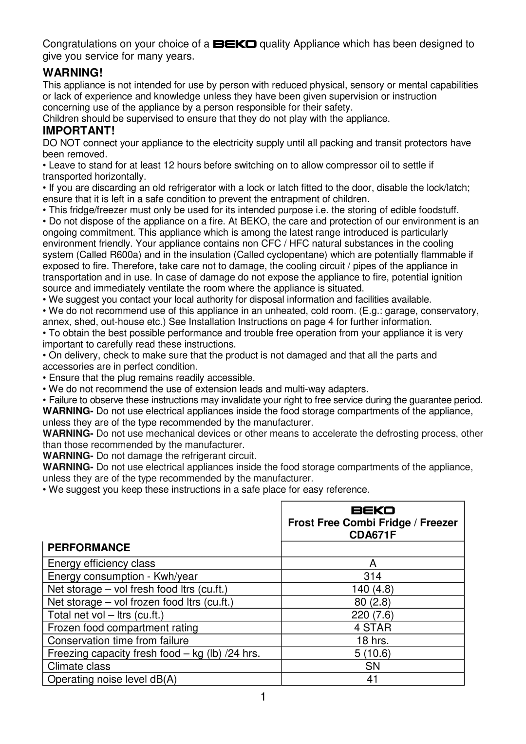 Beko CDA671F installation instructions Performance 