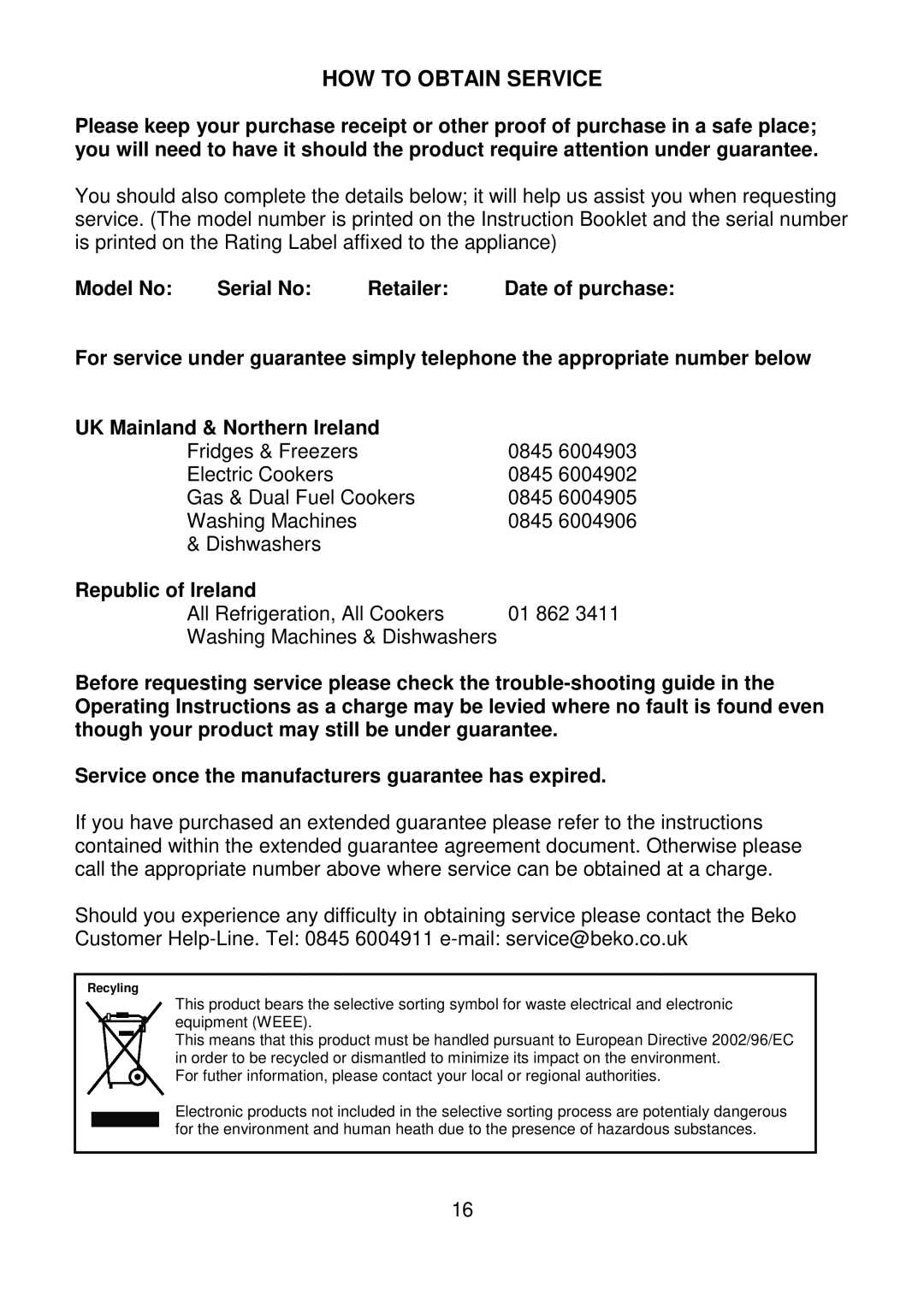 Beko CDA671F installation instructions HOW to Obtain Service 