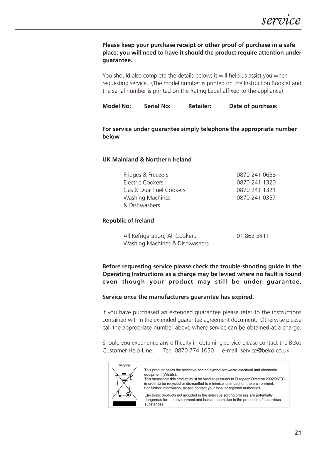 Beko CDA751F, CDA752F manual Service, Republic of Ireland 