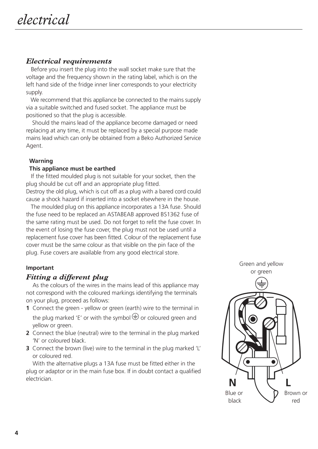 Beko CDA752F, CDA751F manual Electrical, This appliance must be earthed 