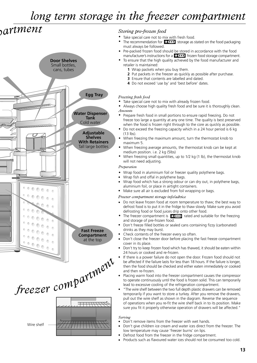 Beko CDA751F fr e ez, long term storage in the freezer compartment, Storing pre-frozen food, Amounts, Preparation, Serving 
