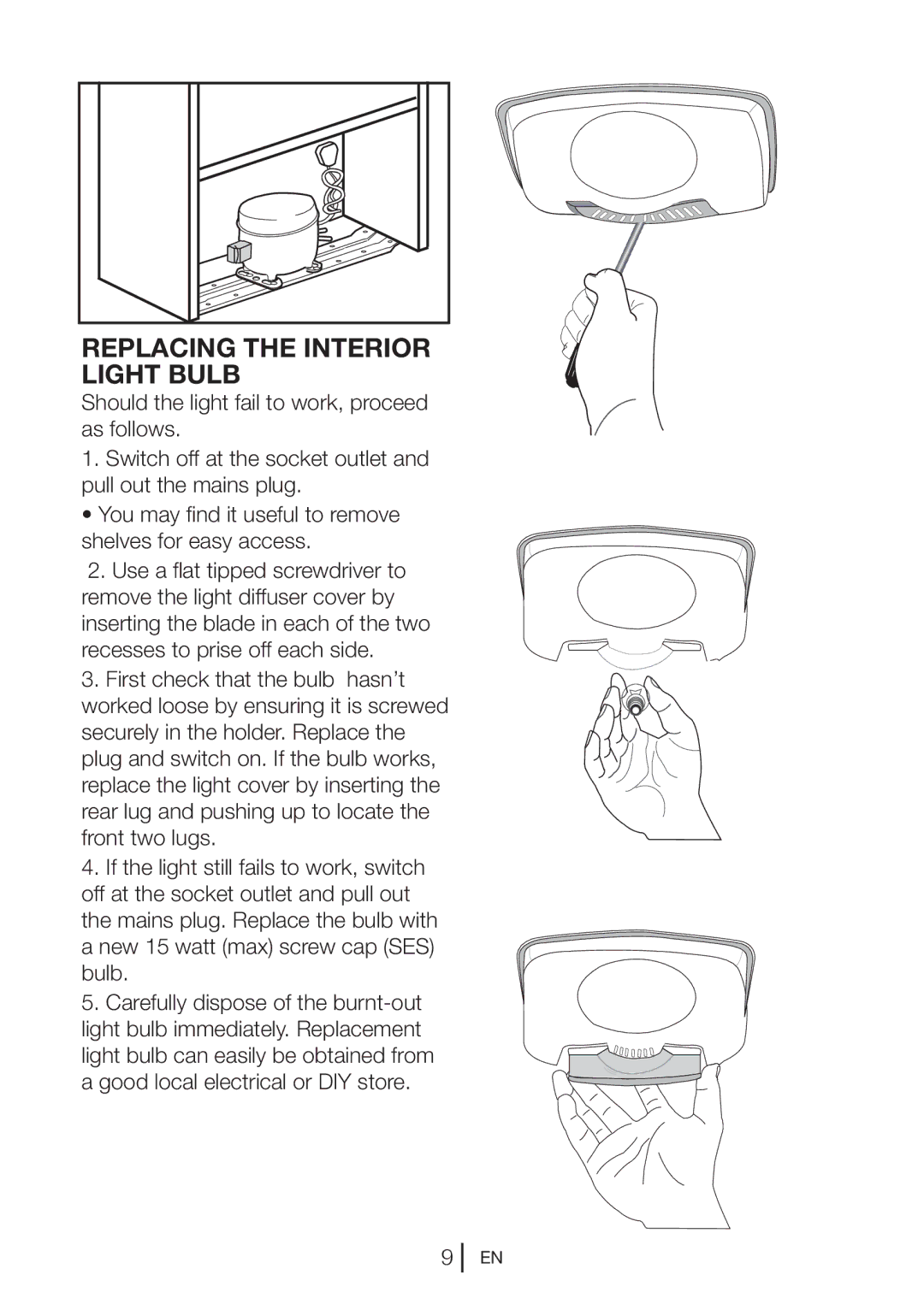 Beko CDA 565FW, CF 5013 APW, CDA 565 FS manual Replacing the Interior Light Bulb 