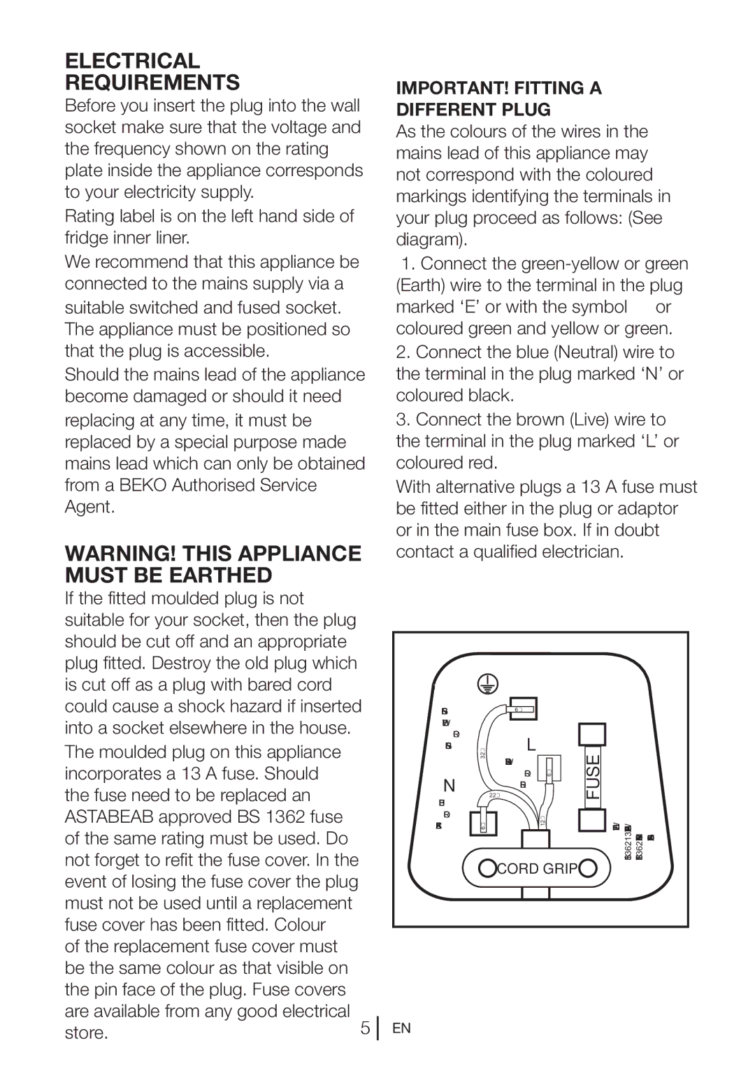 Beko CF 5013 APW, CDA 565FW, CDA 565 FS manual Electrical Requirements, IMPORTANT! Fitting a Different Plug 