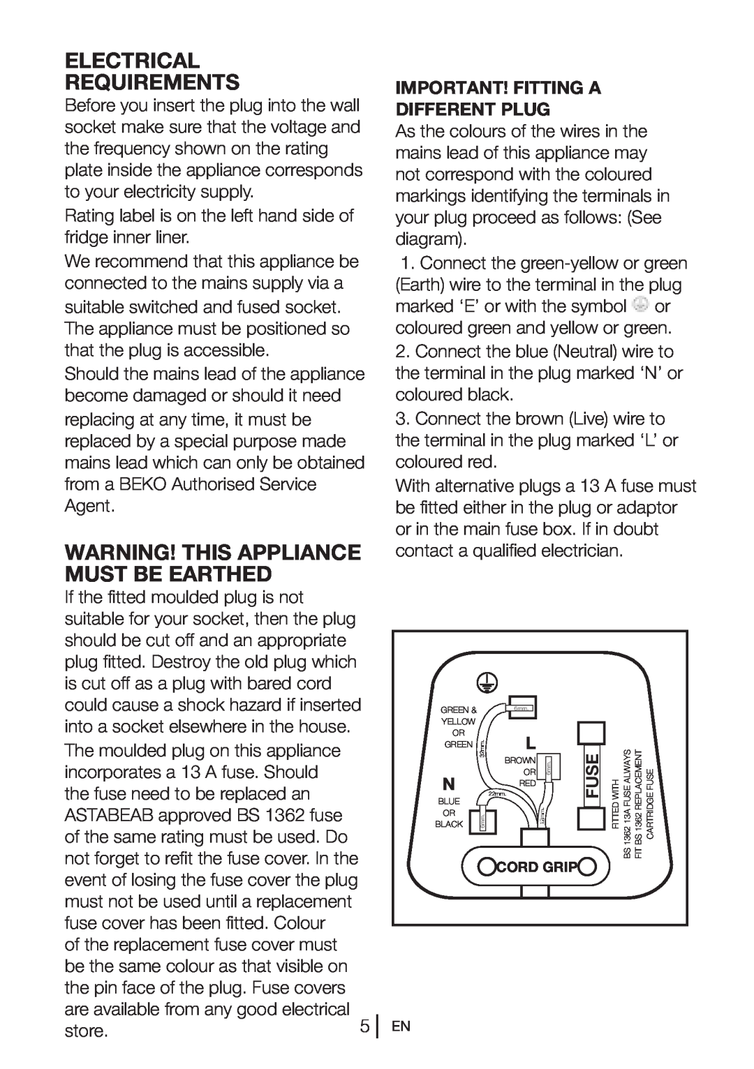 Beko CF 5013 APW Electrical Requirements, Warning! This Appliance Must Be Earthed, Important! Fitting A Different Plug 