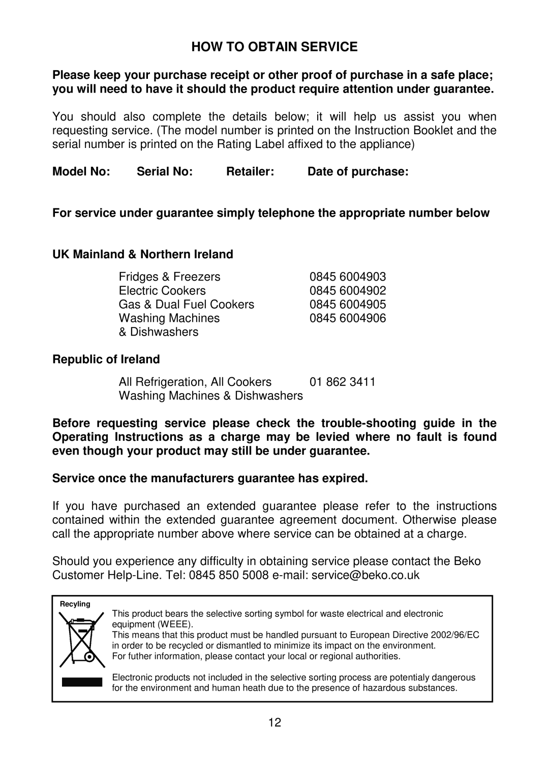 Beko CF1100APW manual HOW to Obtain Service 